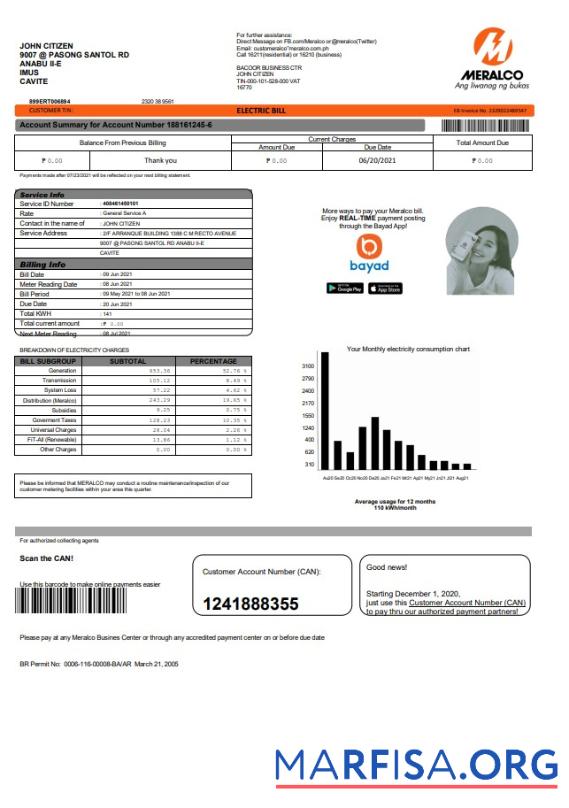 Printable Philippines Meralco electricity utility bill template in Word and PDF format, version 2